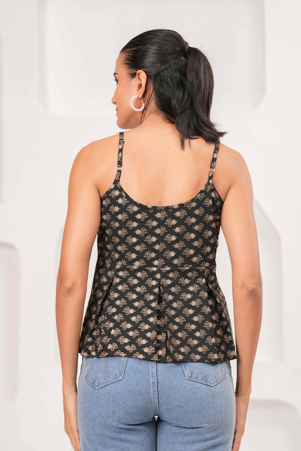 Black Printed Sleeveless Top for Women