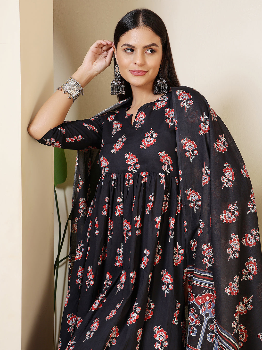 Black Printed Anarkali Kurta Set With Dupatta For Women