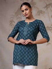 Women Teal Blue Printed Straight Tunic