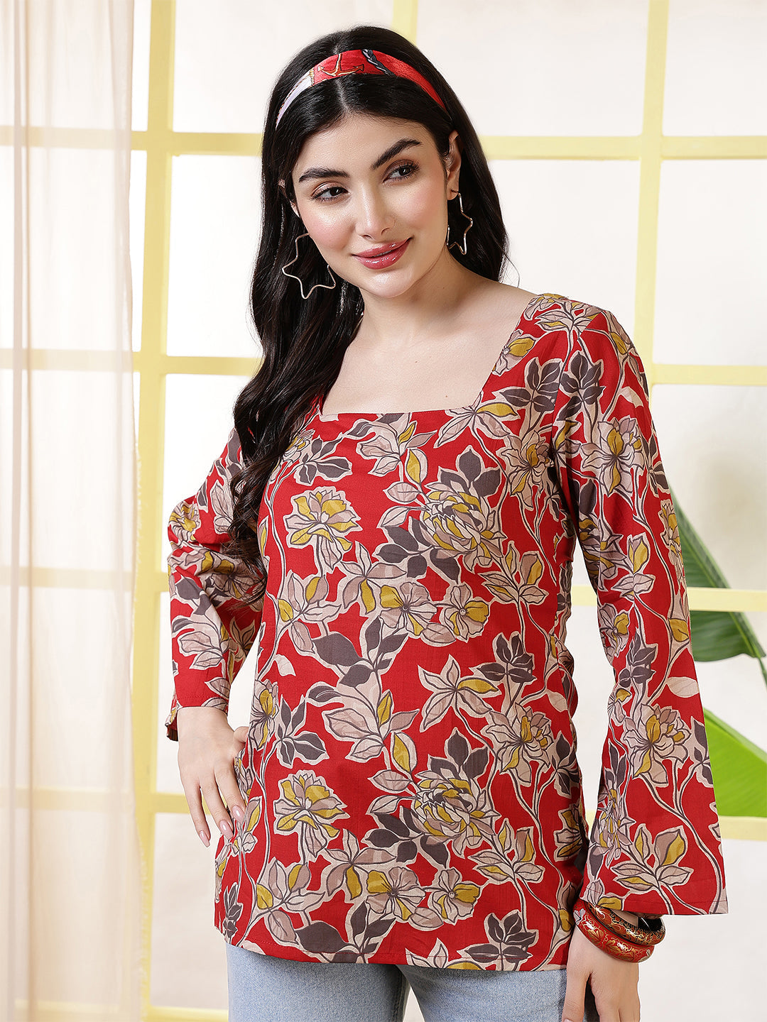 Women Red Printed Straight Tunic