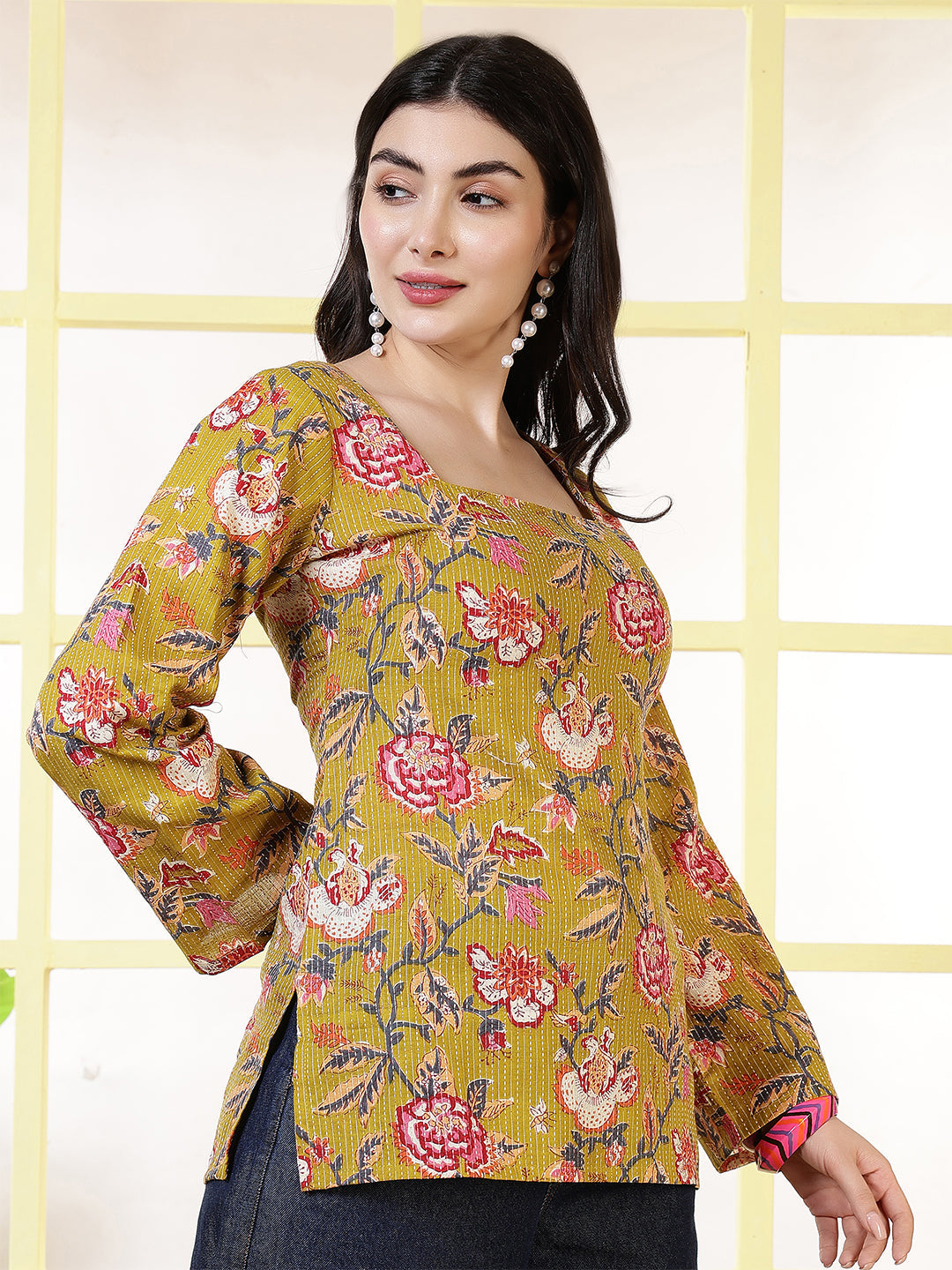 Women Mustard Printed Straight Tunic