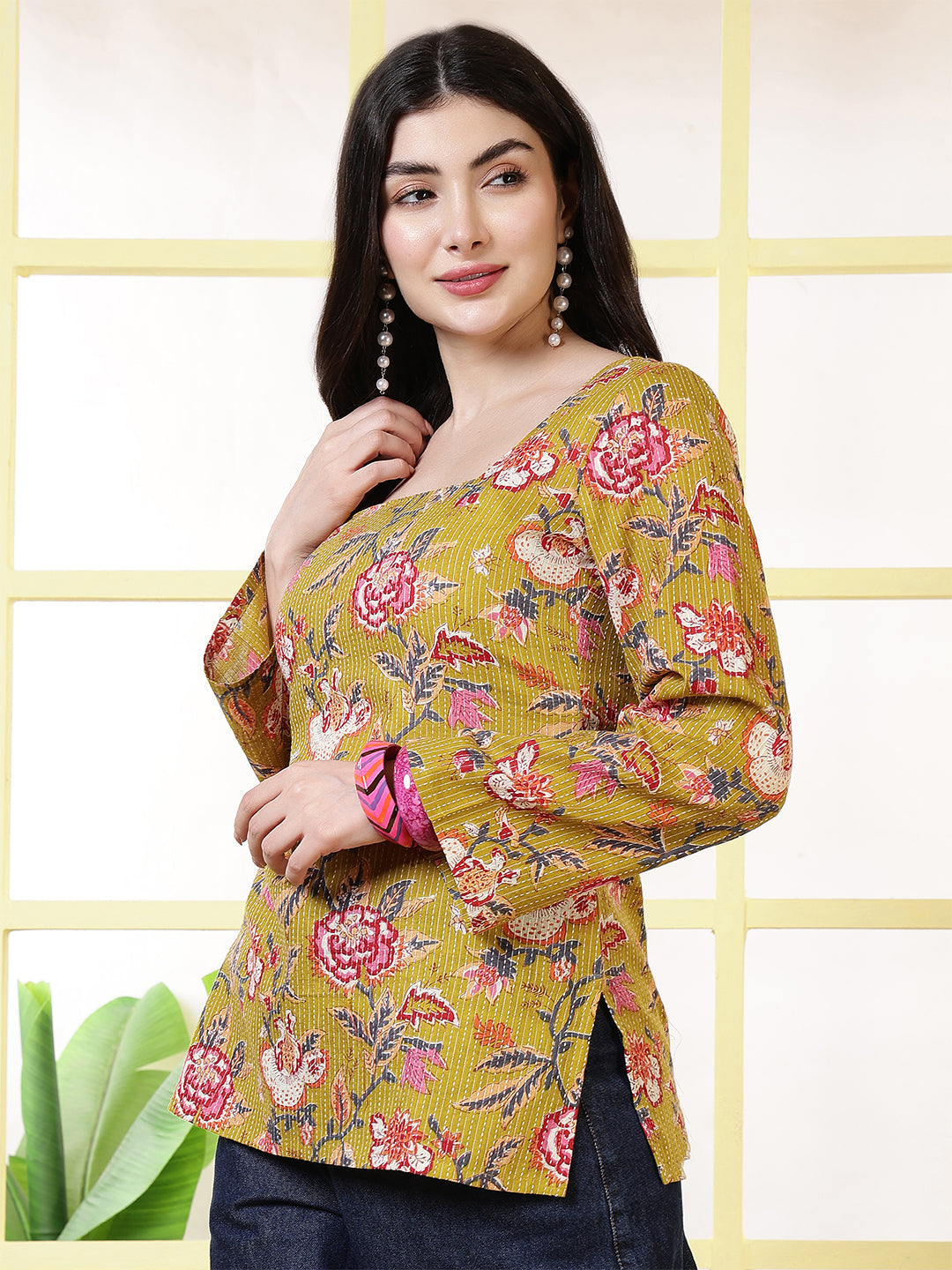 Women Mustard Printed Straight Tunic