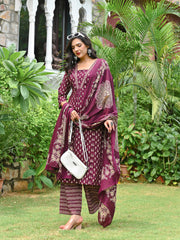 Wine Printed Straight Kurta & Palazzo With Dupatta for Women