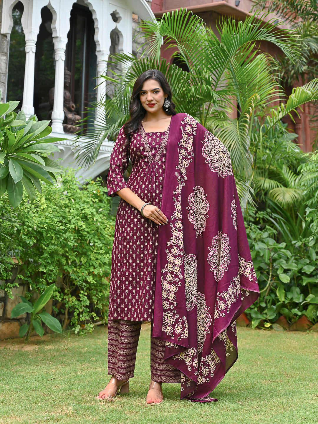 Wine Printed Straight Kurta & Palazzo With Dupatta for Women