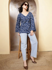 Women Blue Printed Straight Tunic