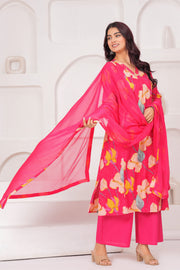 Pink Printed Straight Kurta Set With Dupatta for Women