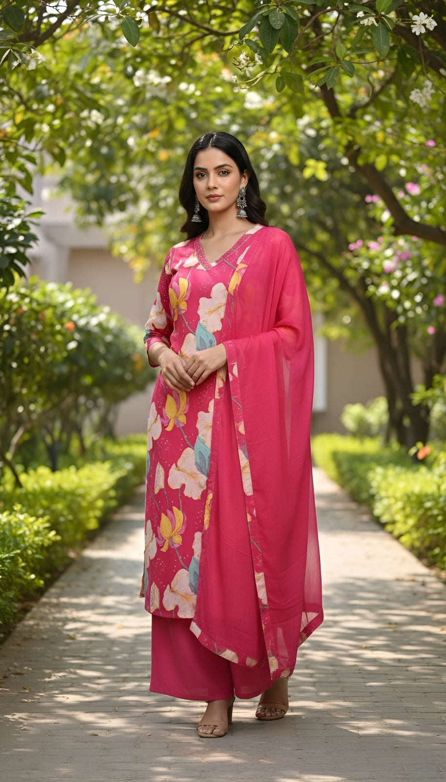 Pink Printed Straight Kurta Set With Dupatta for Women