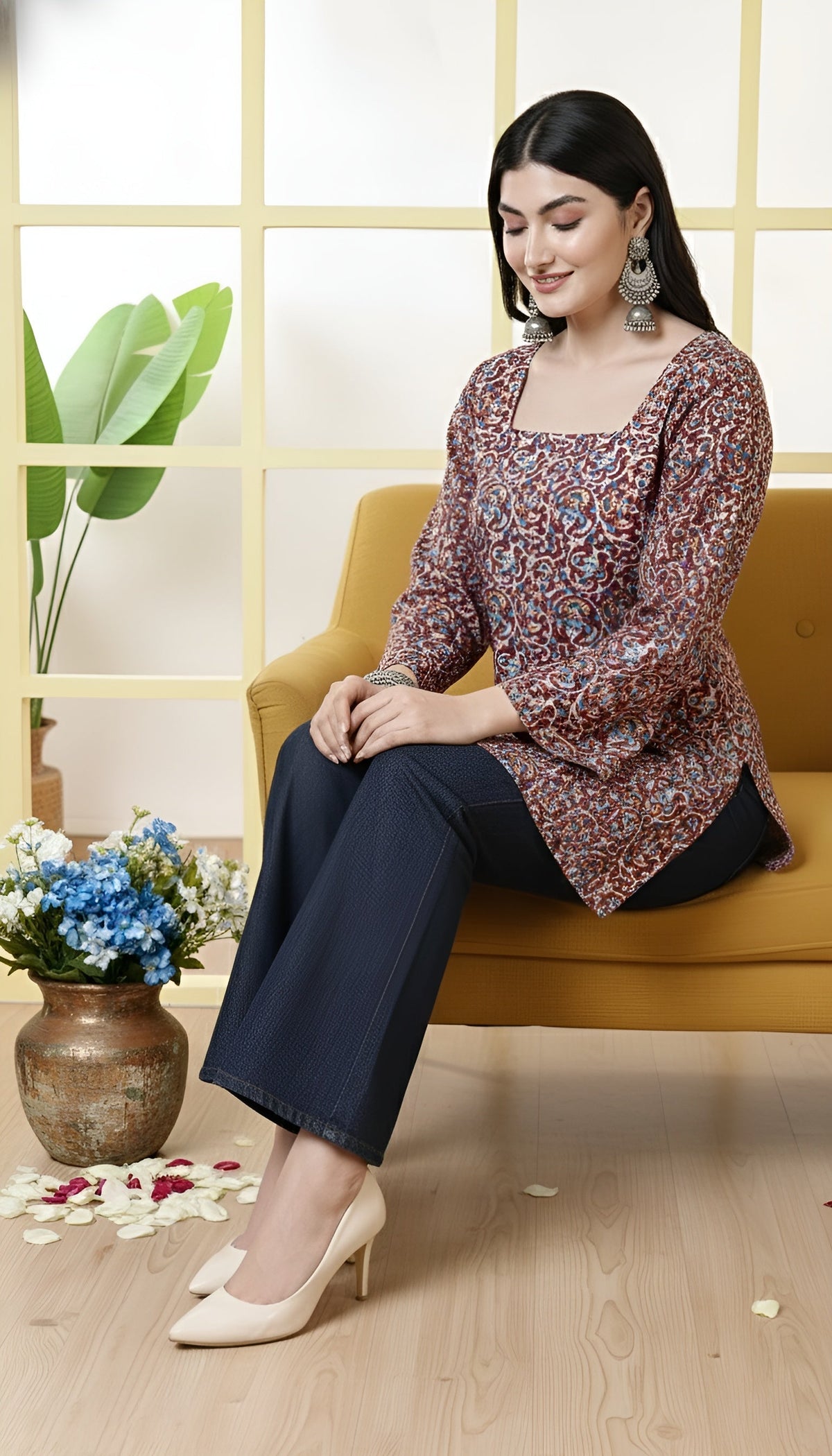 Women Maroon Printed Straight Tunic