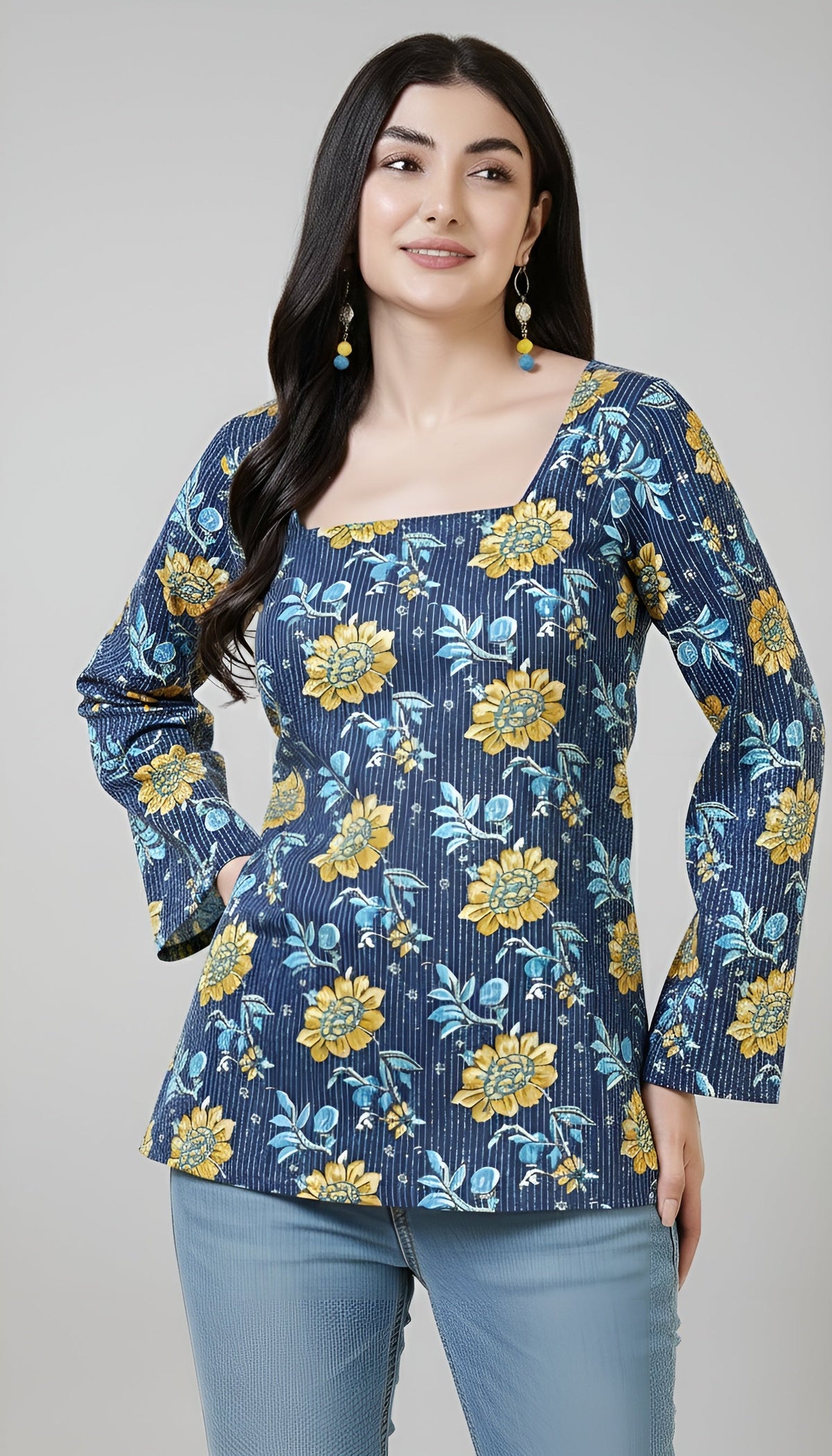 Women Blue Printed Straight Tunic