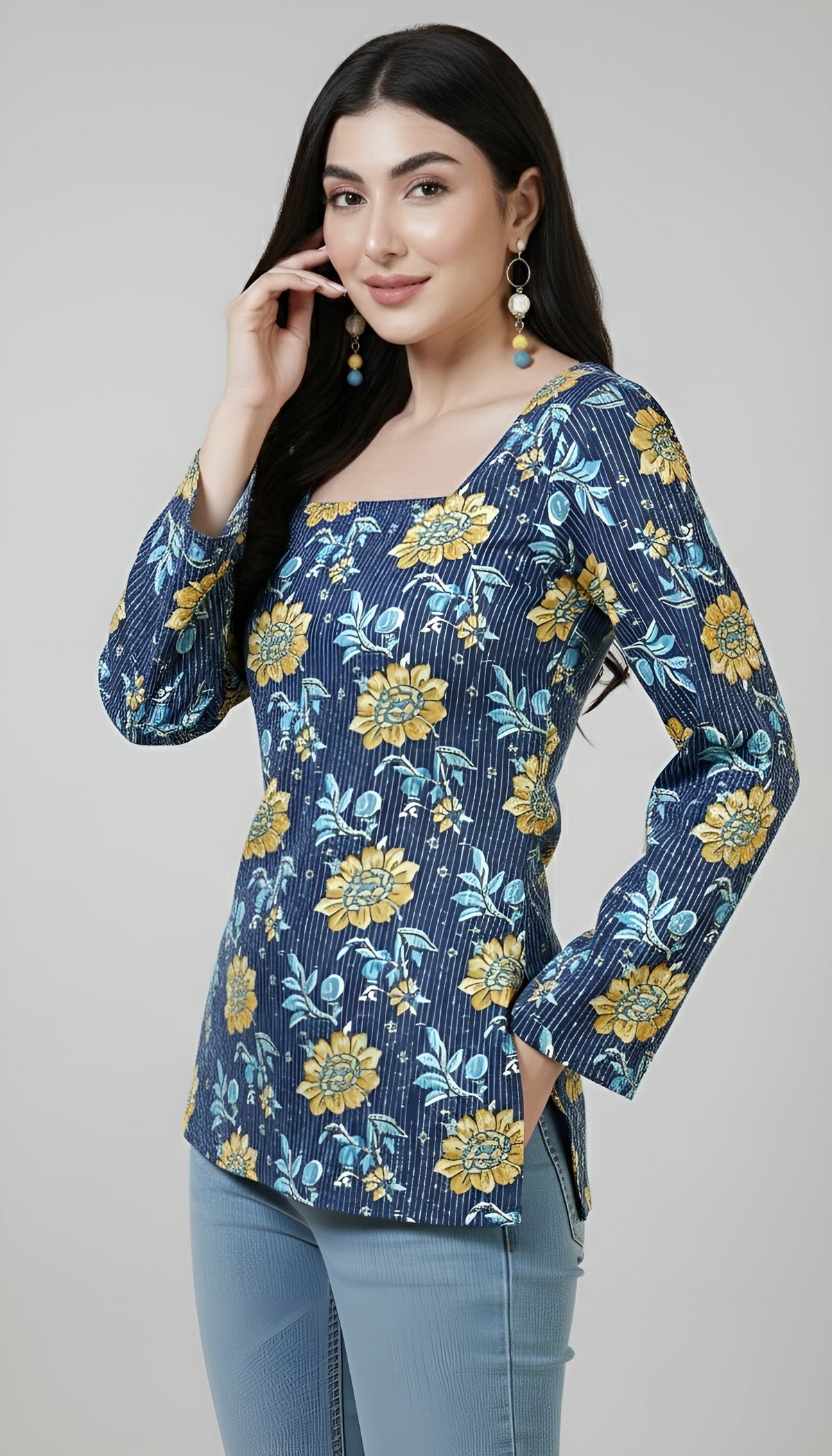 Women Blue Printed Straight Tunic