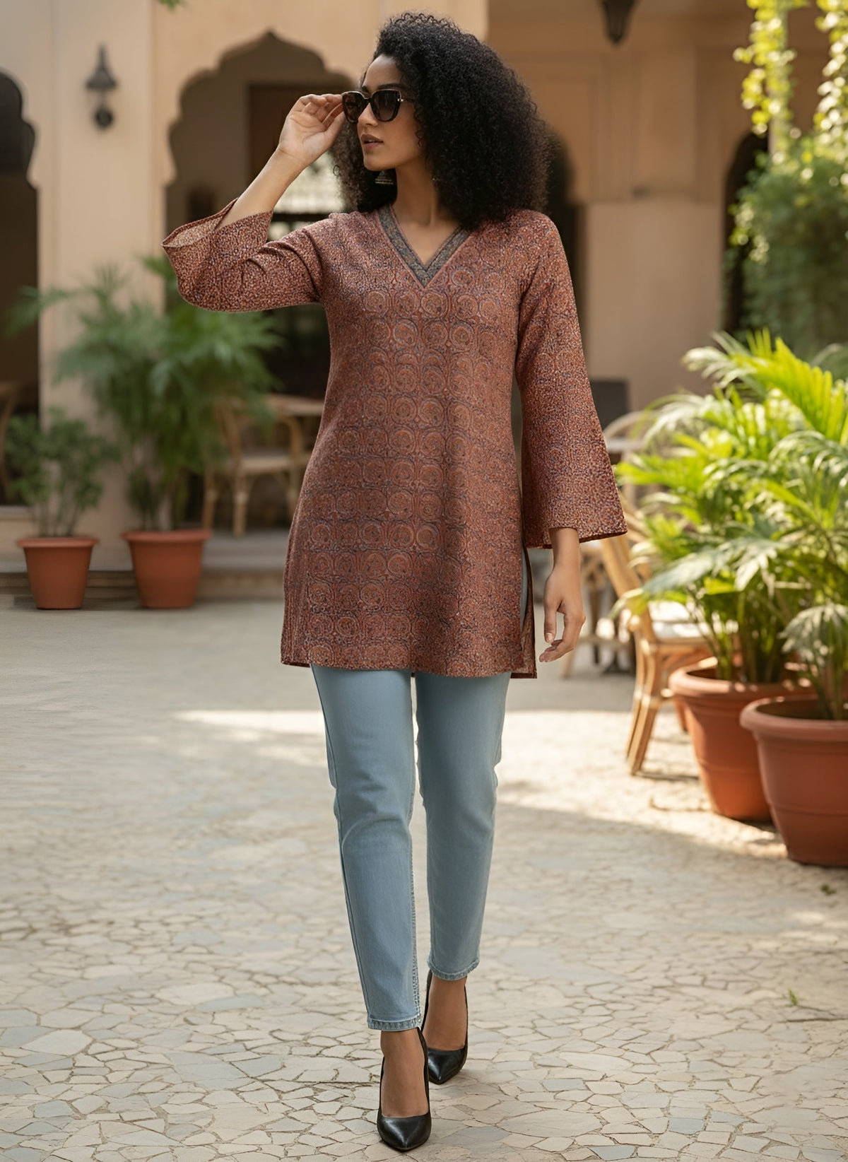 Women Maroon Printed Straight Tunic