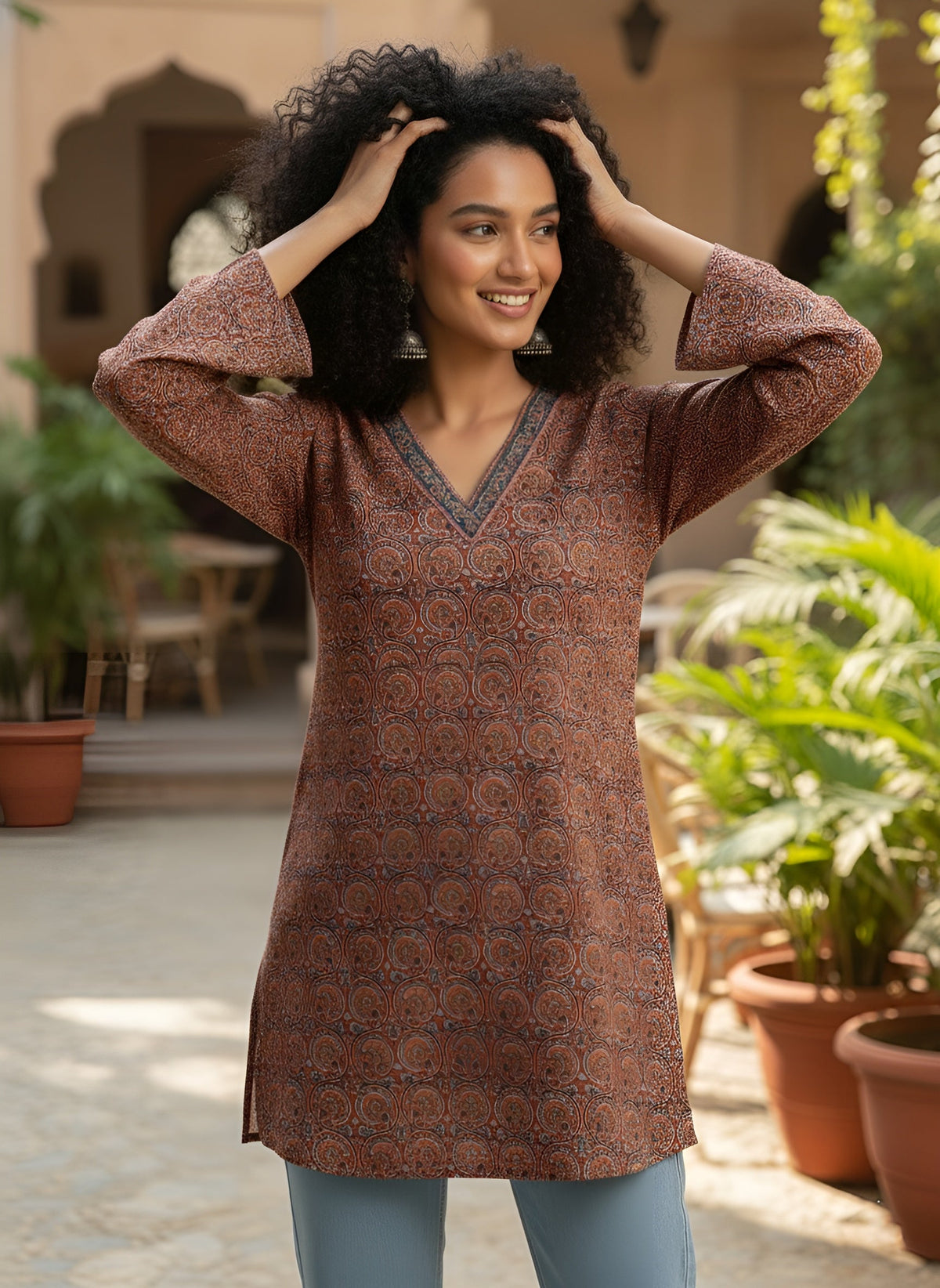 Women Maroon Printed Straight Tunic