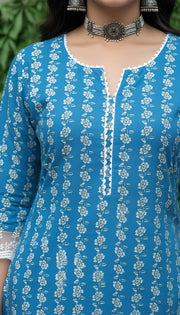 Blue Printed Straight Kurta with Three Quarter Sleeves