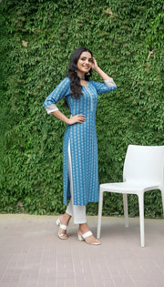 Blue Printed Straight Kurta with Three Quarter Sleeves