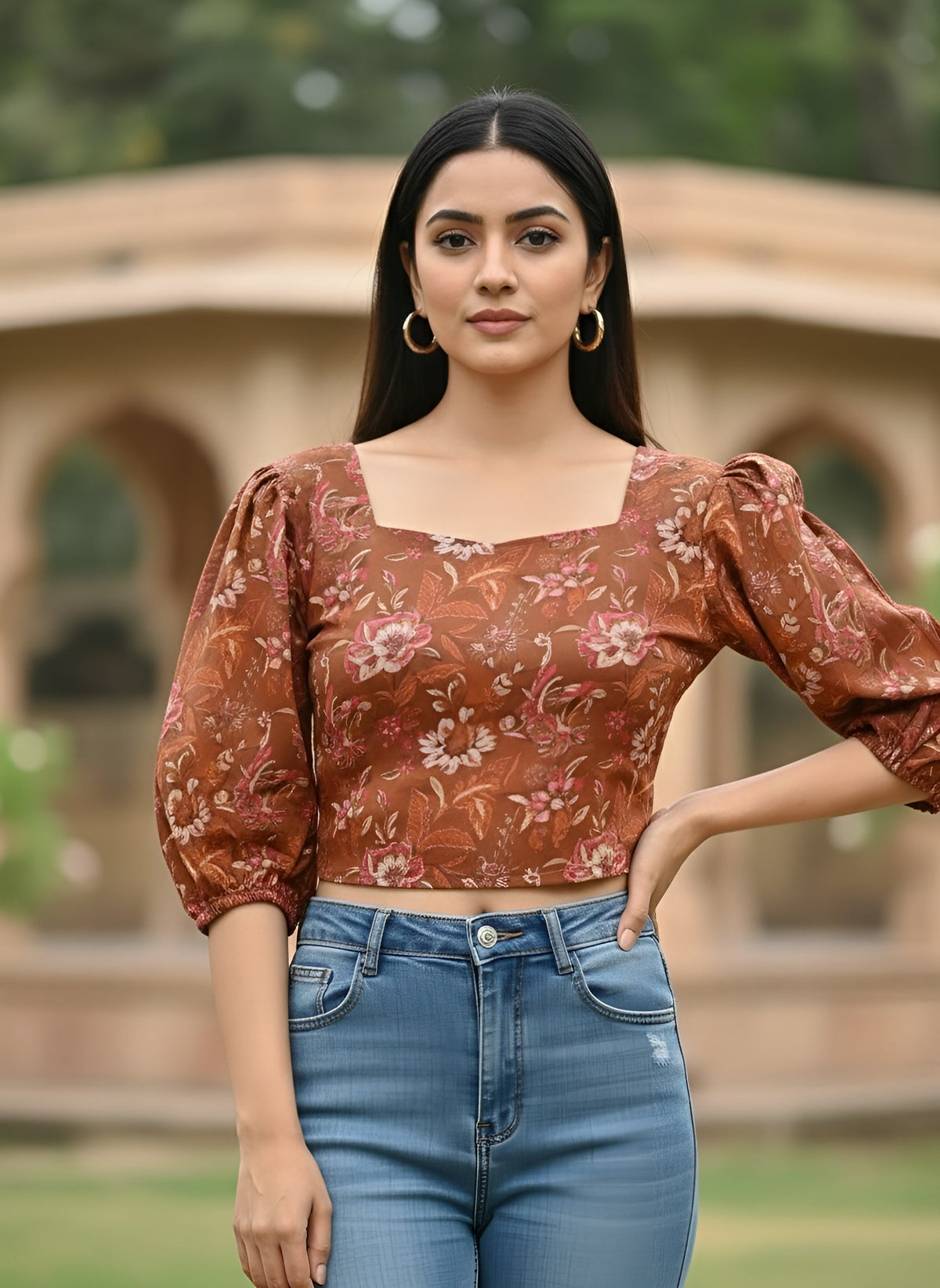 Rust Printed Straight Crop Top With 3/4 Sleeves