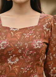 Rust Printed Straight Crop Top With 3/4 Sleeves