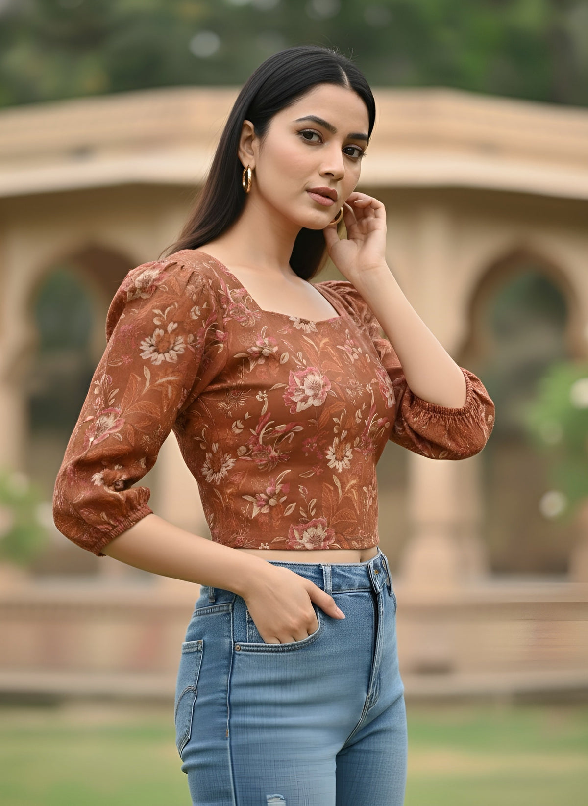 Rust Printed Straight Crop Top With 3/4 Sleeves