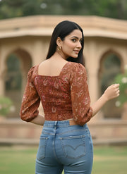 Rust Printed Straight Crop Top With 3/4 Sleeves