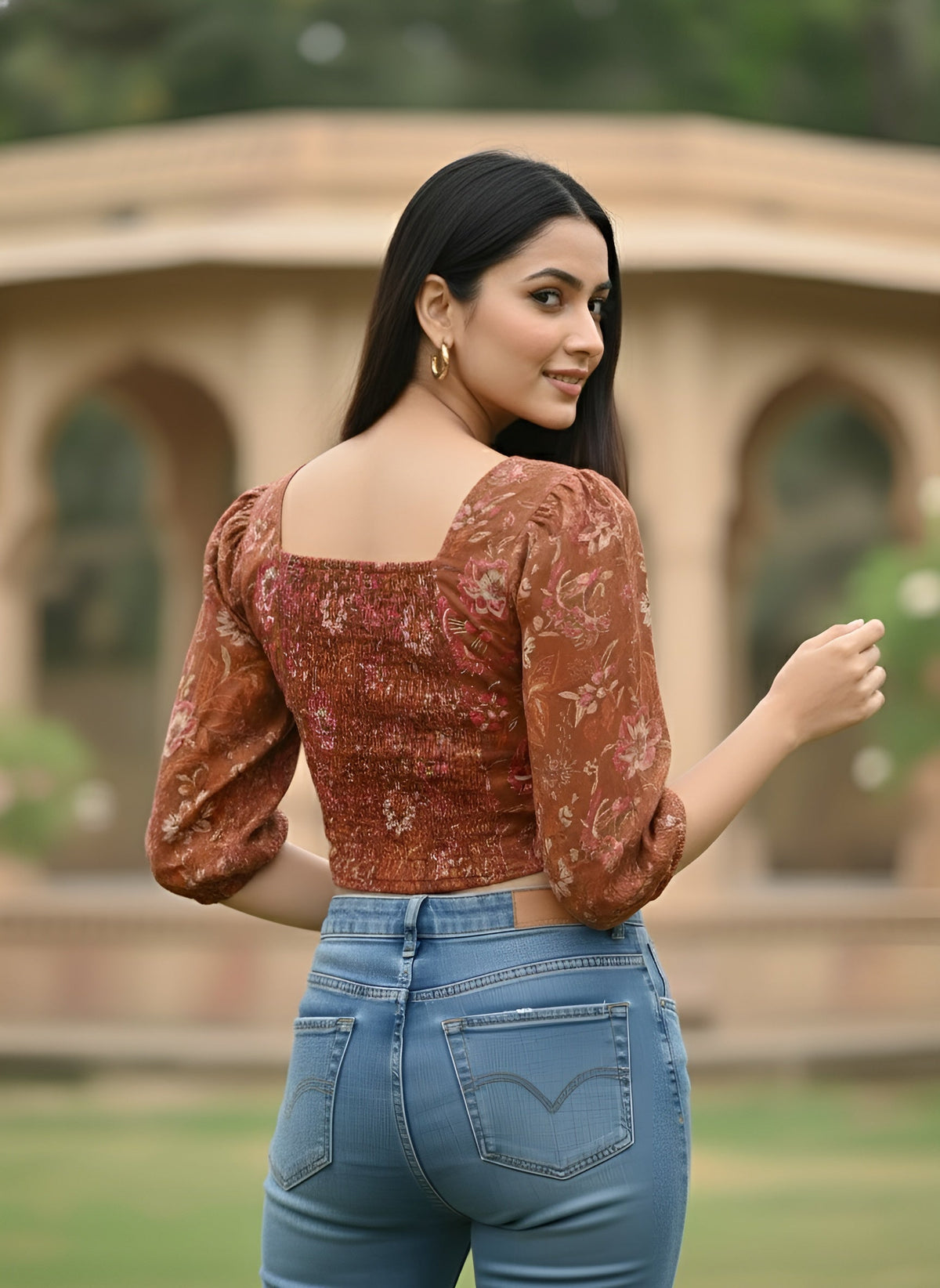 Rust Printed Straight Crop Top With 3/4 Sleeves
