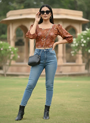 Rust Printed Straight Crop Top With 3/4 Sleeves