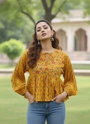 Yellow Printed Peplum Crop Top