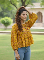 Yellow Printed Peplum Crop Top
