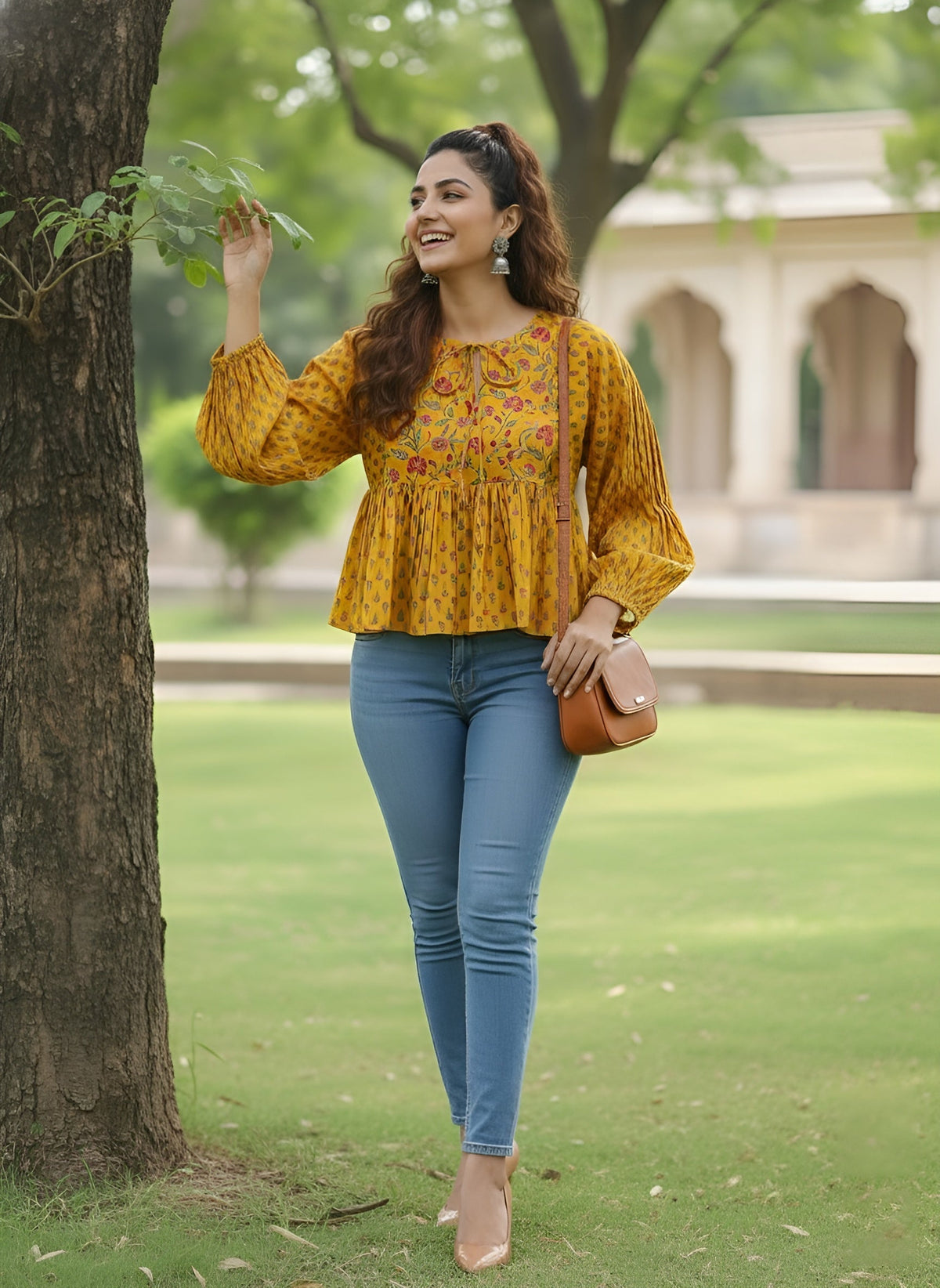 Yellow Printed Peplum Crop Top