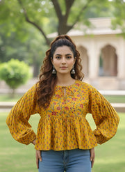 Yellow Printed Peplum Crop Top