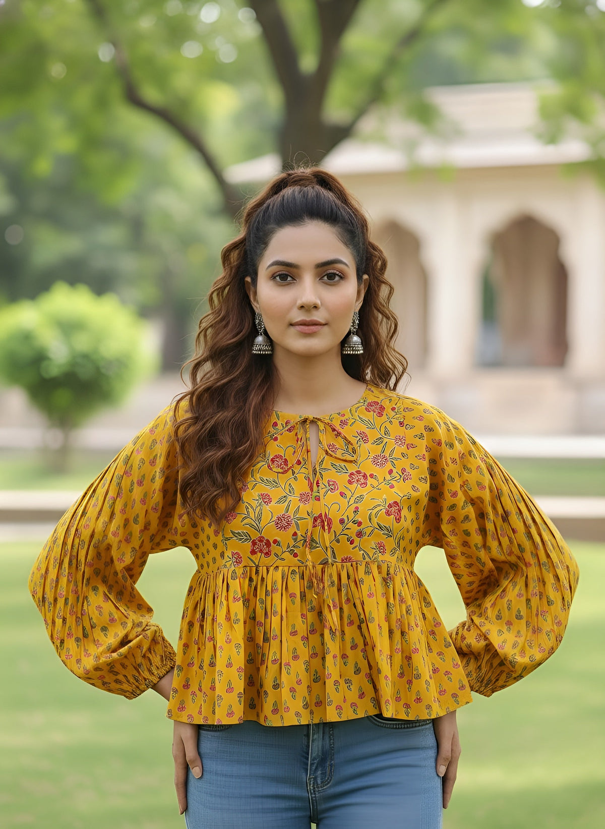 Yellow Printed Peplum Crop Top