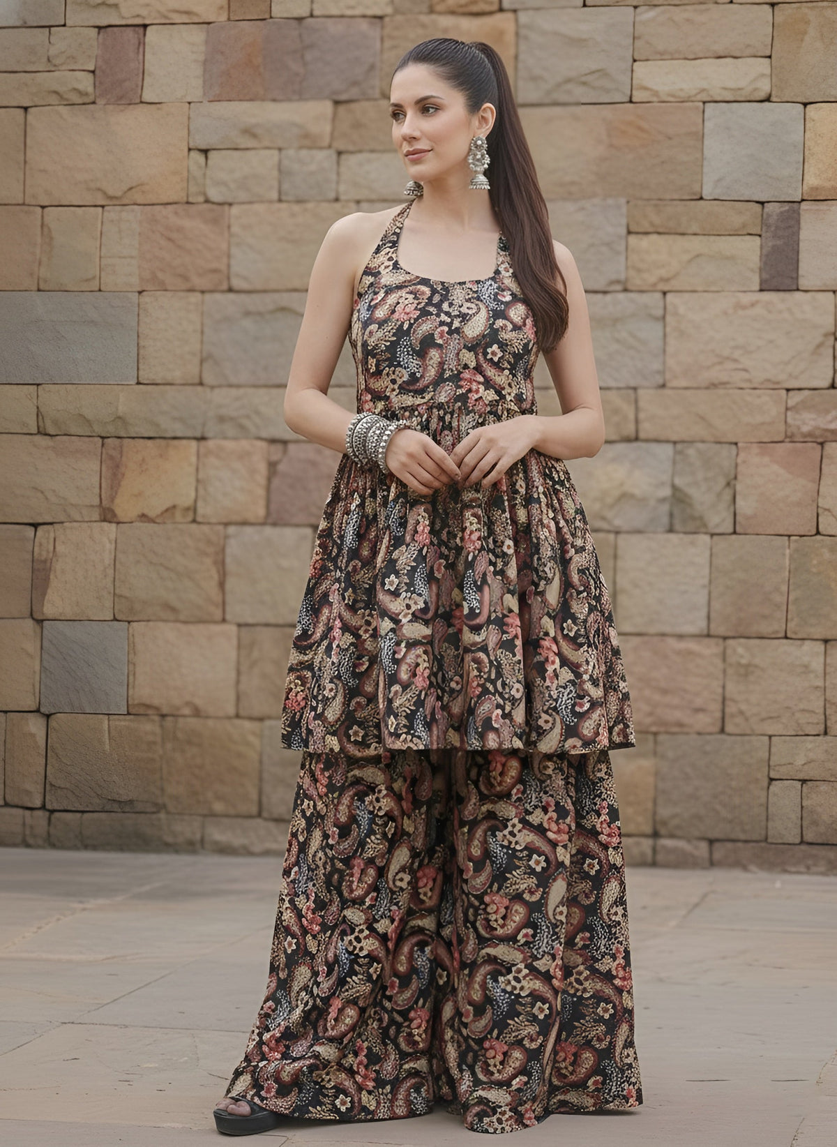 Black Printed Flared Kurta With Sharara for Women