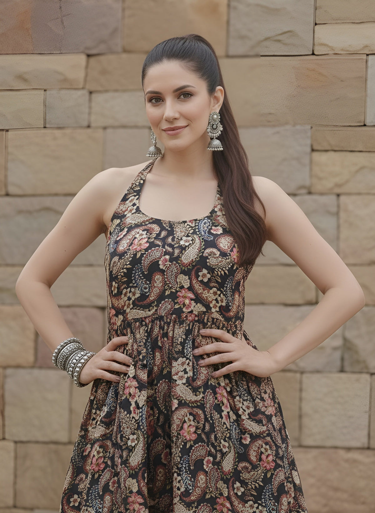 Black Printed Flared Kurta With Sharara for Women