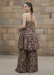 Black Printed Flared Kurta With Sharara for Women