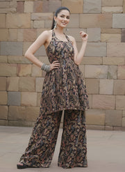 Black Printed Flared Kurta With Sharara for Women