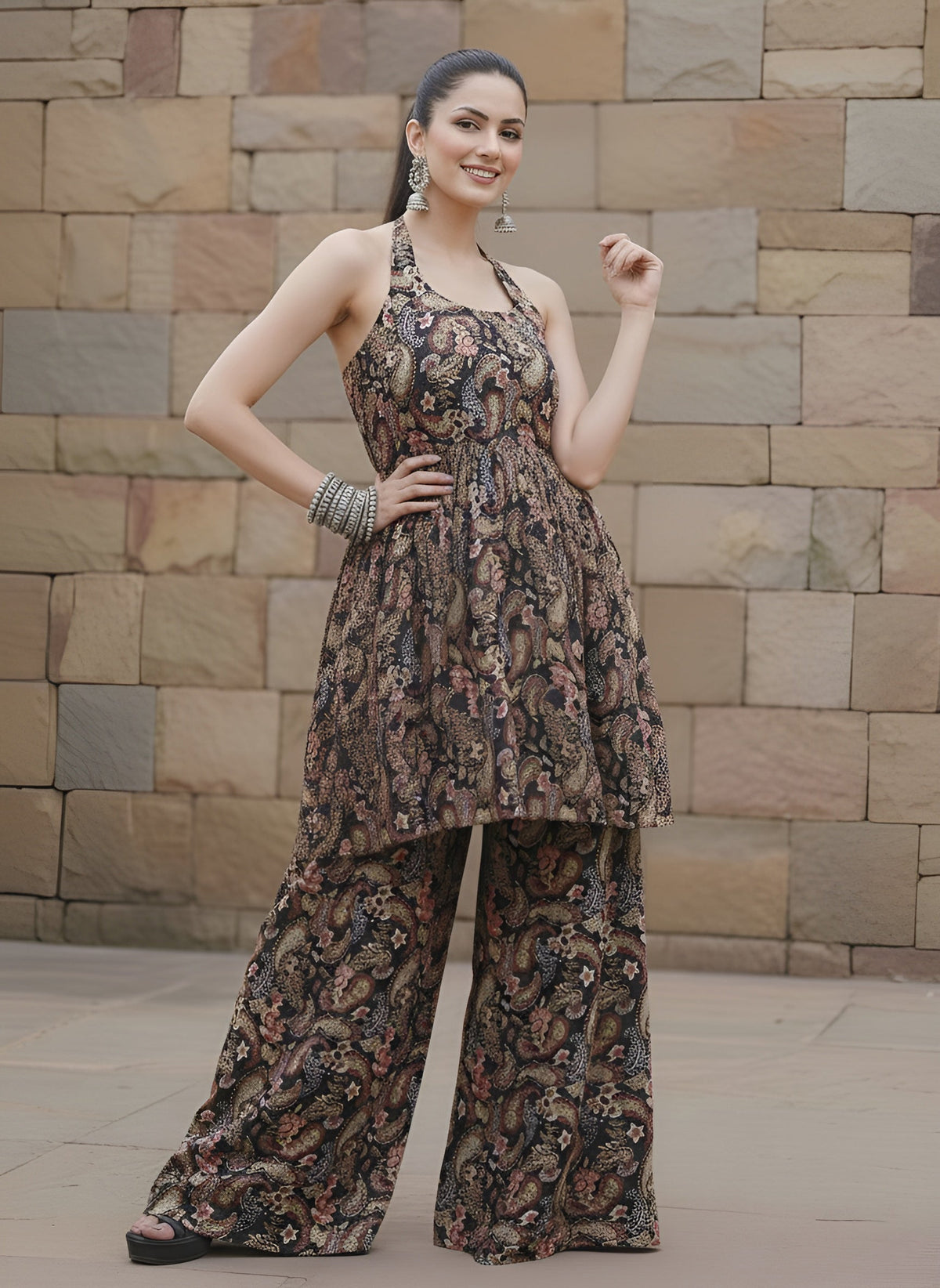 Black Printed Flared Kurta With Sharara for Women