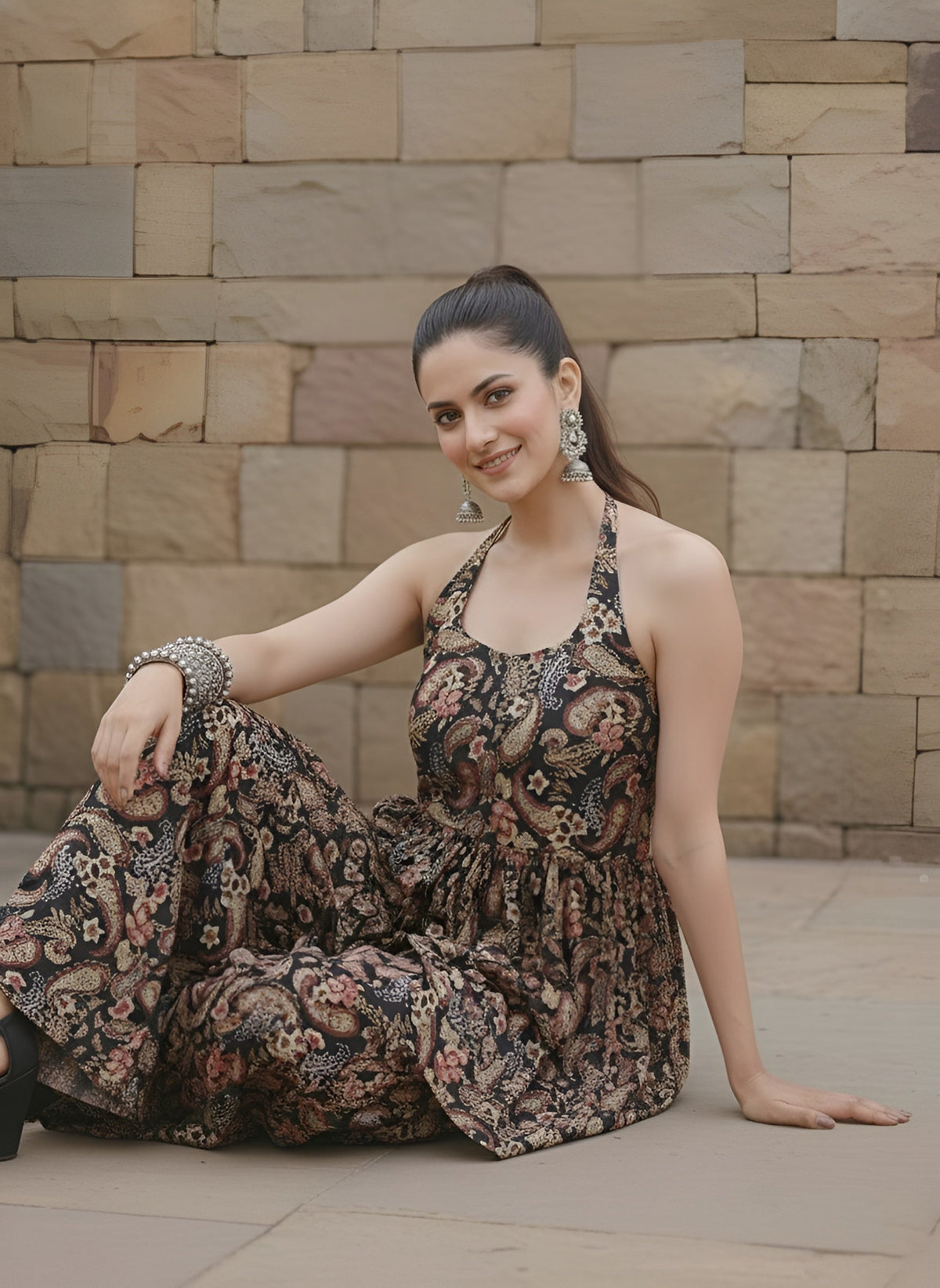 Black Printed Flared Kurta With Sharara for Women
