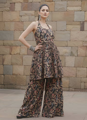Black Printed Flared Kurta With Sharara for Women
