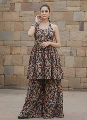 Black Printed Flared Kurta With Sharara for Women