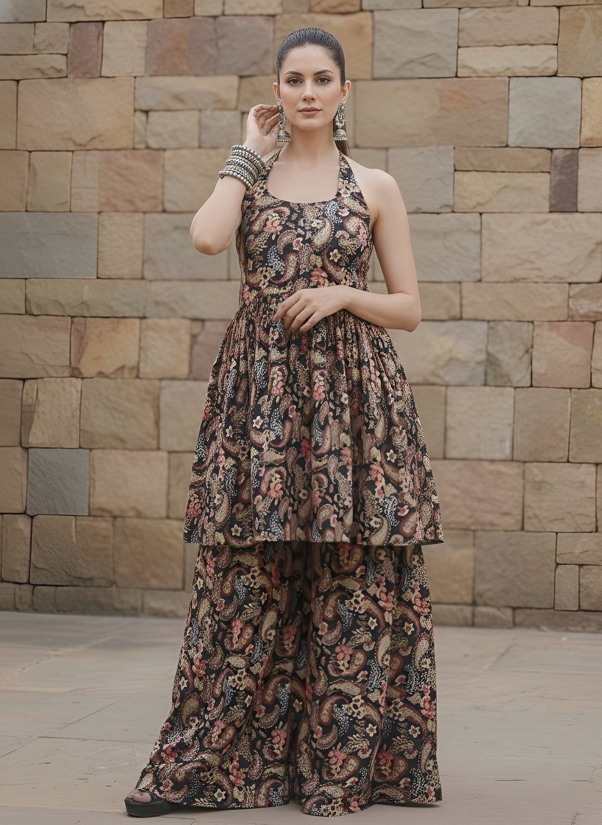 Black Printed Flared Kurta With Sharara for Women