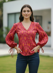 Pink  Printed  Straight Top With Puff Sleeves