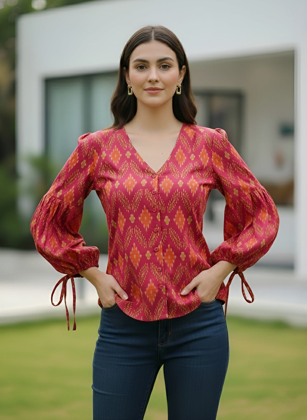 Pink  Printed  Straight Top With Puff Sleeves