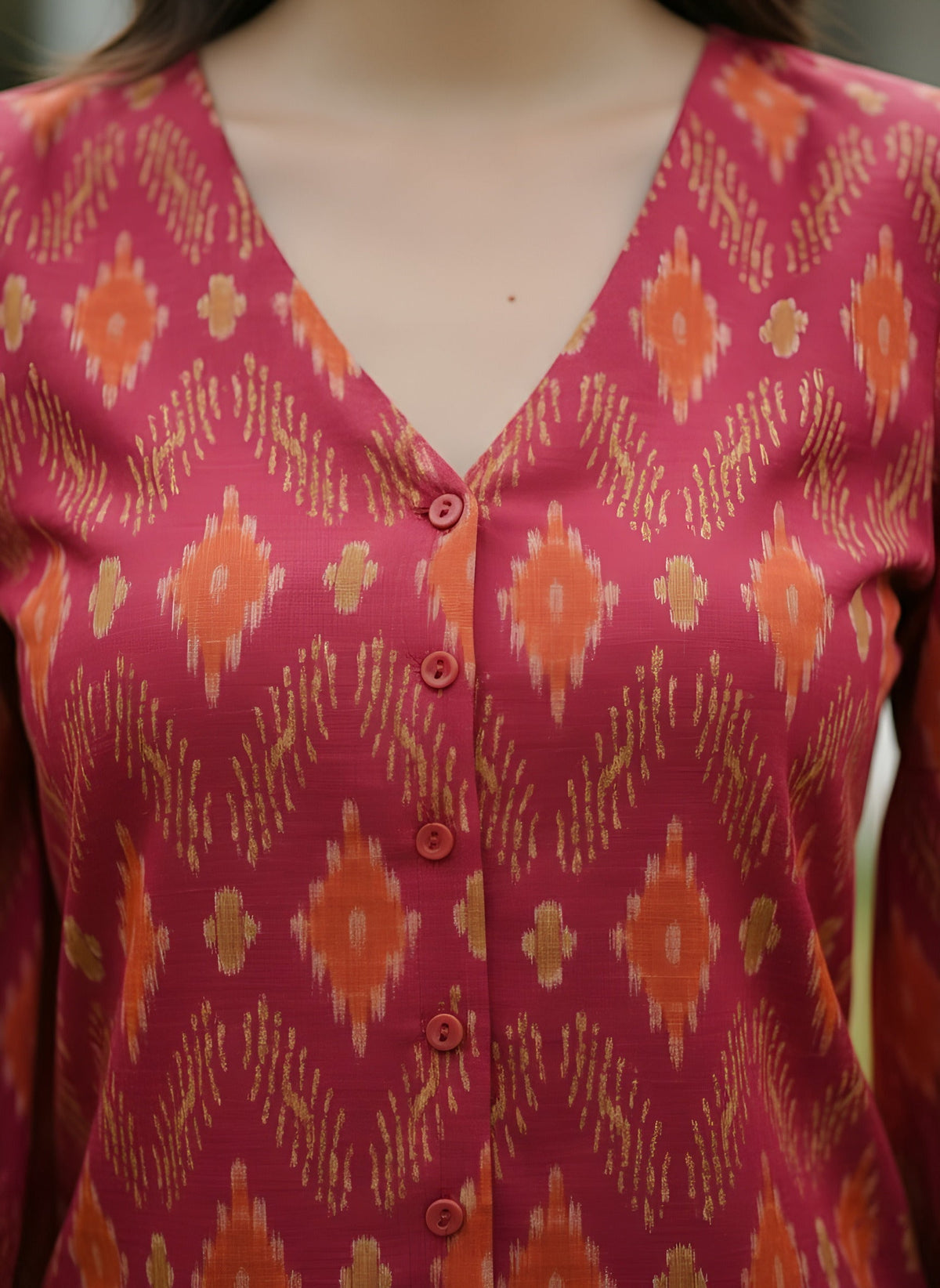 Pink  Printed  Straight Top With Puff Sleeves