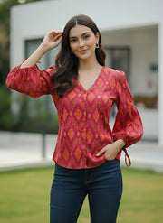 Pink  Printed  Straight Top With Puff Sleeves