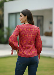 Pink  Printed  Straight Top With Puff Sleeves