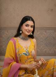 Yellow Printed Flared Kurta Set With Dupatta for Women