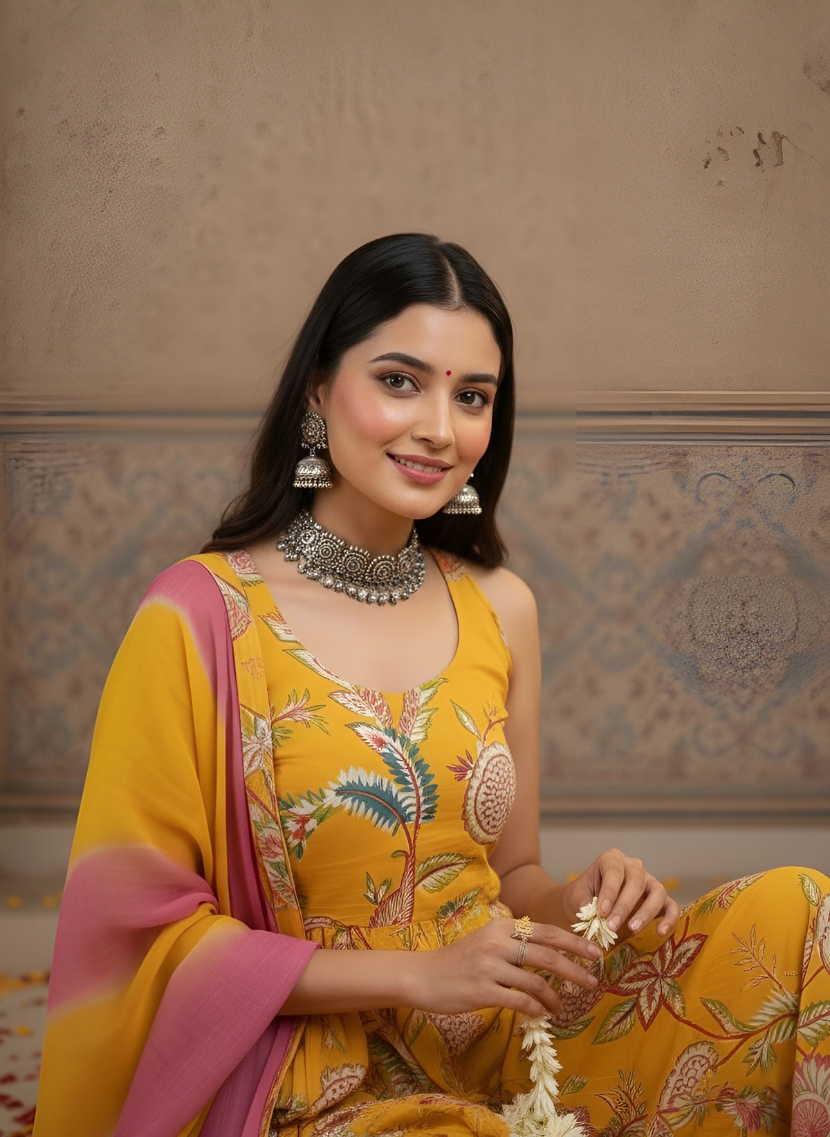 Yellow Printed Flared Kurta Set With Dupatta for Women