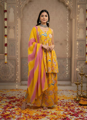 Yellow Printed Flared Kurta Set With Dupatta for Women