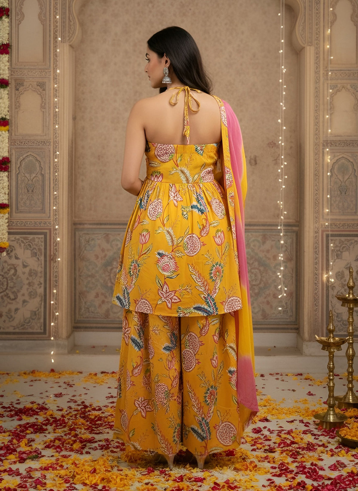 Yellow Printed Flared Kurta Set With Dupatta for Women