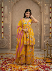 Yellow Printed Flared Kurta Set With Dupatta for Women