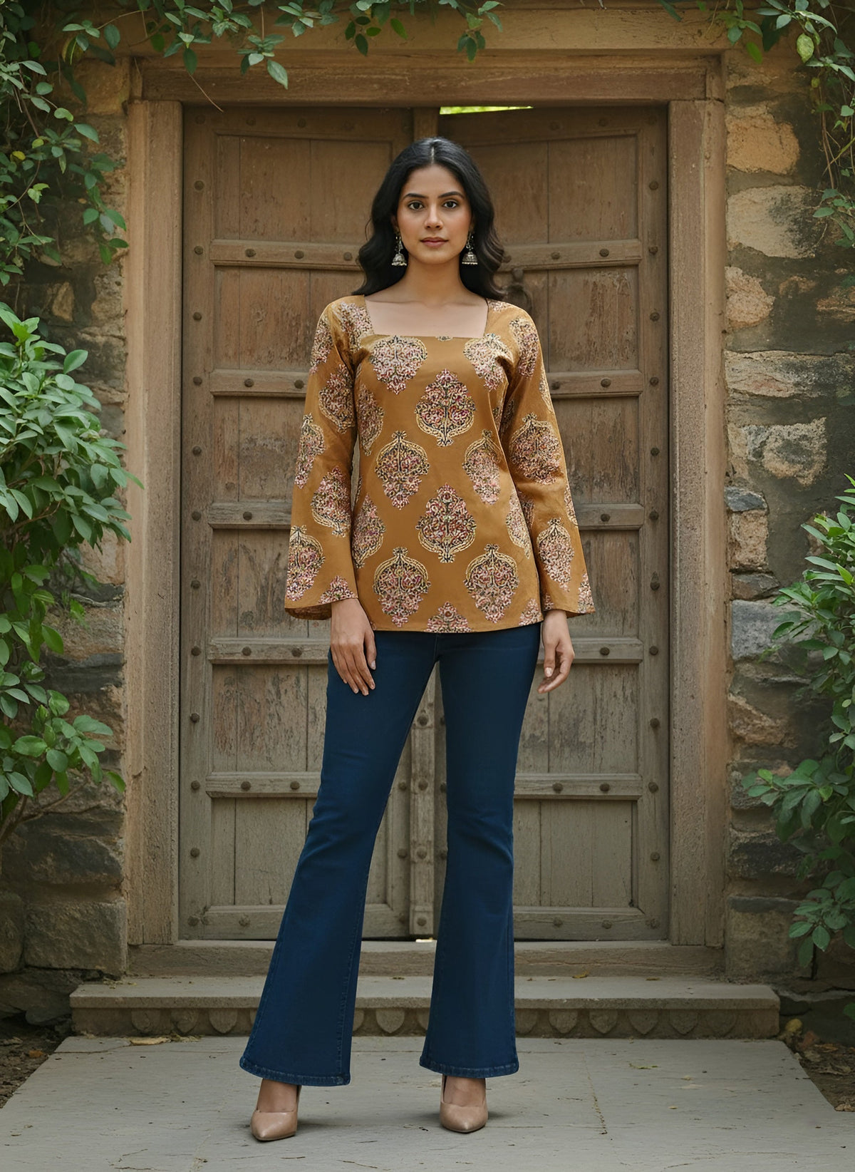 Women Yellow Printed Straight Tunic