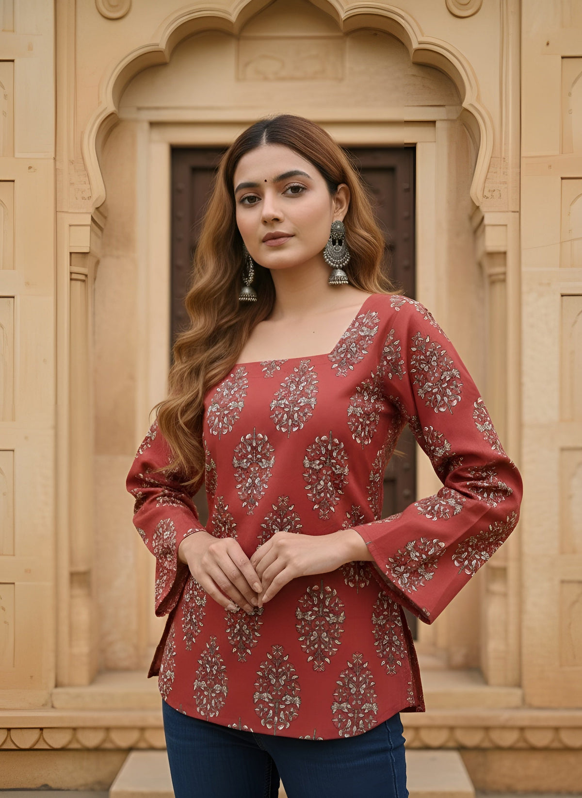 Women Maroon Printed Straight Tunic